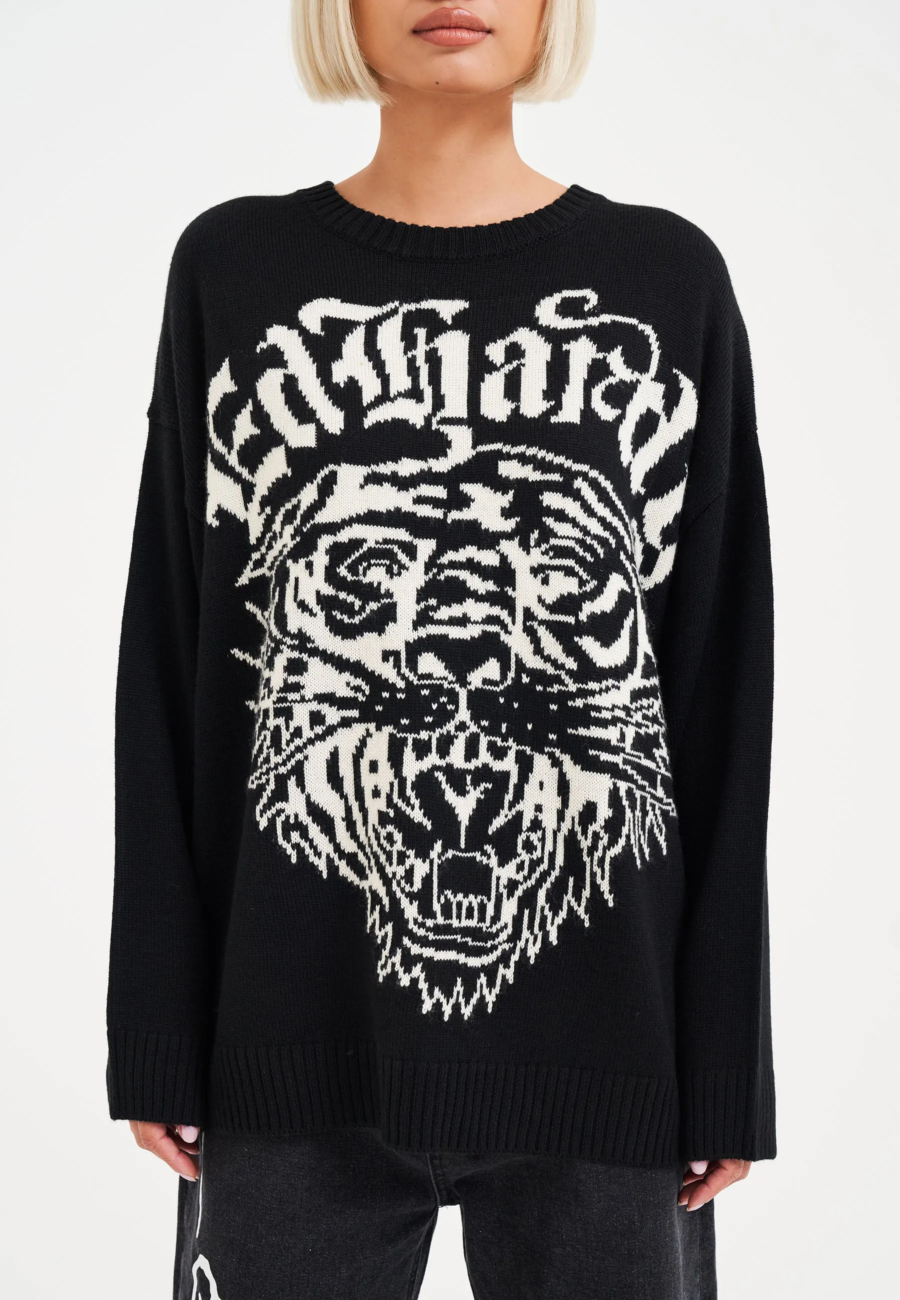 Womens Tiger-Roar Jaquard Knitted Jumper - Black/Off White