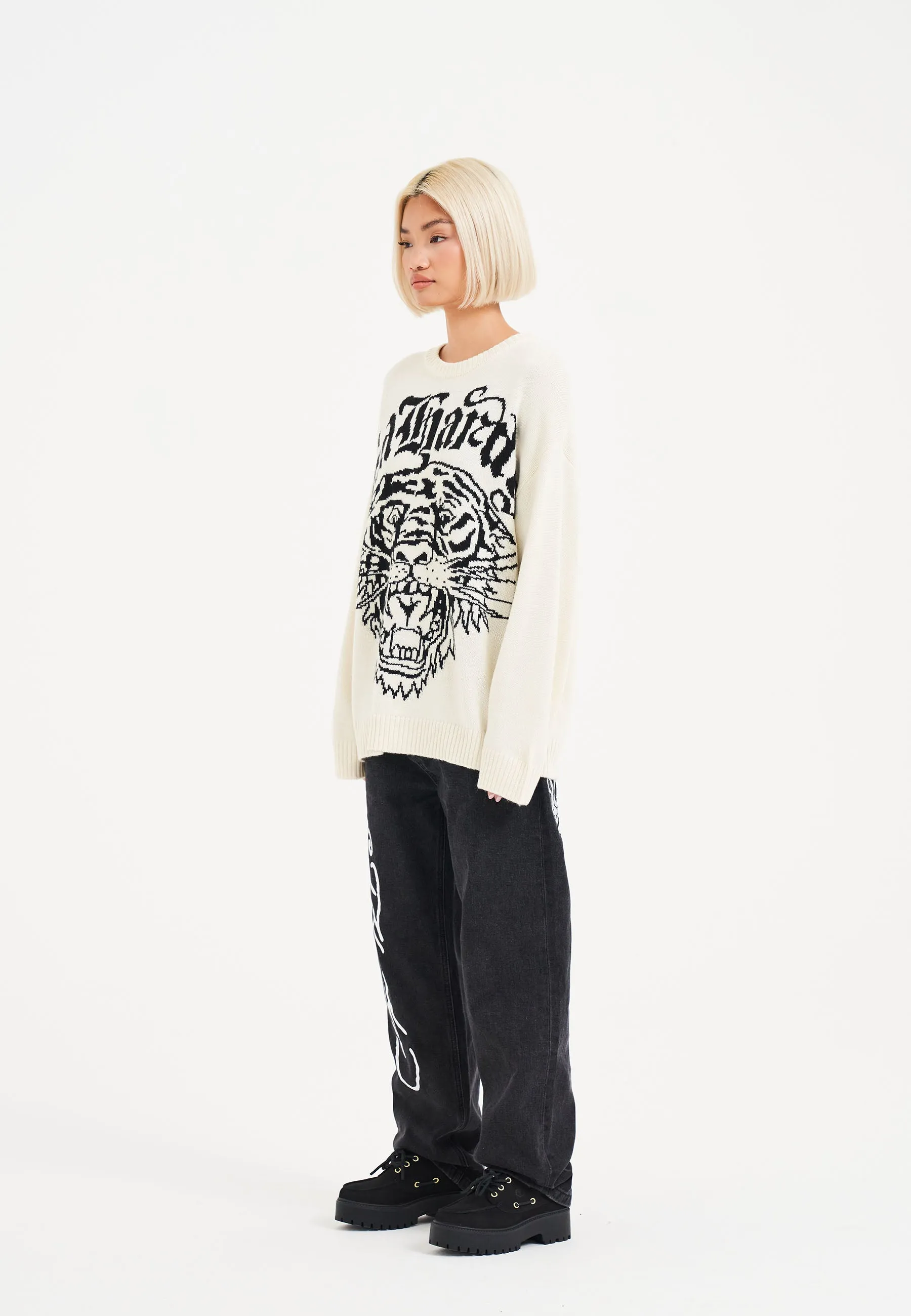 Womens Tiger-Roar Jaquard Knitted Jumper - Off White/Black