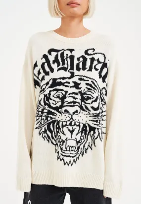 Womens Tiger-Roar Jaquard Knitted Jumper - Off White/Black