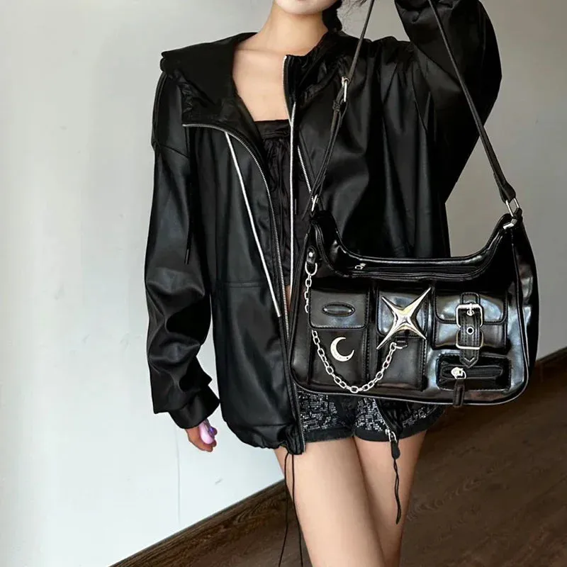 Y2K Harajuku Fashion Gothic Black Chains Casual Motorcycle Shoulder Bag